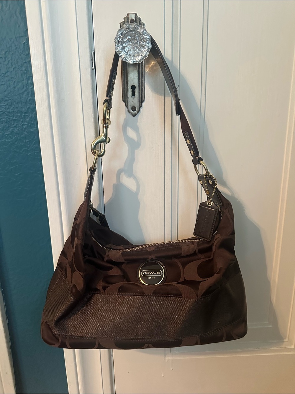 Coach Brown Signature Shoulder Hobo with Gold Hardware